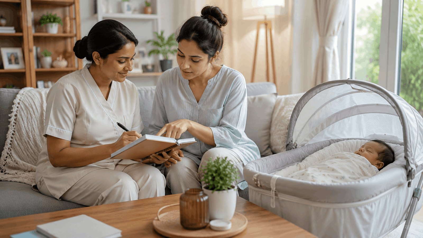 Caregiver discussing baby's routine with parent